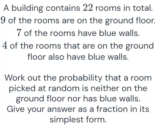 A b uilding c onta ins 22 room s in to tal.
9 of the room is are on the g roun d floo r.
7 of the rooms have blue wa IIS.
4 of th e roo ms th at ar e on the grou nd
floor also have blue w alls.
Work out the pro babili ty tha t a ro om
picked at ra ndom is ne ither on the
grou nd flo or nor has blue walls.
Give yo ur an swer as a fr acti on in it s
simple st fo rm.