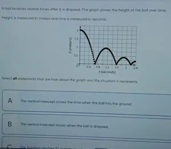 A ball bounces several times after it is dropped. The graph shows the height of the ball over time.
Height is measured in meters and time is measured in seconds.
Select all statements that are true about the graph and the situation it represents.
A
The vertical intercept shows the time when the ball hits the ground.
B
The vertical intercept shows when the ball is dropped.
The function reaches its maxim