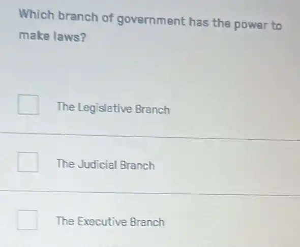 Which branch of government has the power to
make laws?
The Legislative Branch
The Judicial Branch
The Executive Branch