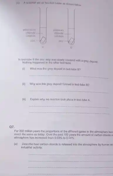 (c) A scientint sot up two test-fubes as shown below.
In test-tube B the zing strip was slowly covered with a grey deposit.
Nothing happened in the other test-tube.
(i)What was the grey deposit in test-tube B?
__
(ii)Why was this grey deposit formed in test-tube B?
__
(iii) Explain why no reaction took place in test-tube A.
__
Q7.
For 200 million years the proportions of the different gases in the atmosphere hav
much the same as today. Over the past 150 years the amount of carbon dioxide in
atmosphere has increased from 0.03%  to 0.04% 
(a) Describe how carbon dioxide is released into the atmosphere by human an
industrial activity;
__