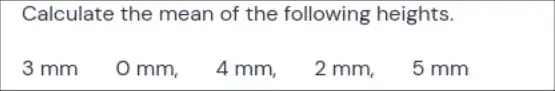 Calculate the mean of the following heights.
3 mm
0 mm,
4 mm,
2 mm,
5 mm