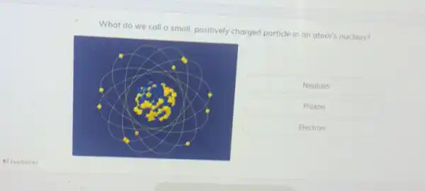 What do we call a small, positively charged particle in an atom's nucleus?
Neutron
Proton
Electron