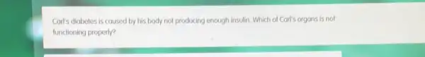 Carl's diabetes is caused by his body not producing enough insulin. Which of Carl's organs is not
functioning properly?