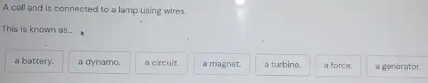 A cell and is connected to a lamp using wires.
This is known as...
a battery.
a dynamo.
a circuit.
a magnet.
a turbine.
a force.
a generator.