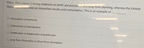 China, often places a strong emphasis on thrift perseverah.c, and iong-term planning, whereas the United
States....ariocus more on immediate results and consumption. This is an example of
__
Masculinity vs Femininity
Collectivism vs Individualism
Gratification vs Suppression of gratification
Long-Term Orientation vs Short-Term Orientation