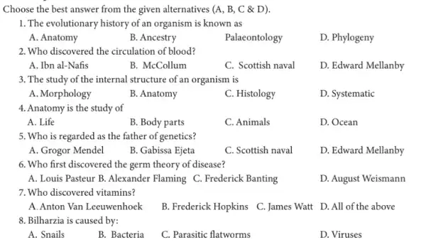 Choose the best answer from the given alternatives (A, B, C & D).
1. The evolutionary history of an organism is known as
A. Anatomy
B. Ancestry
Palaeontology
D. Phylogeny
2. Who discovered the circulation of blood?
A. Ibn al-Nafis
B. McCollum
C. Scottish naval
D. Edward Mellanby
3. The study of the internal structure of an organism is
A. Morphology
B. Anatomy
C. Histology
D. Systematic
4. Anatomy is the study of
A. Life
B. Body parts
C. Animals
D. Ocean
5. Who is regarded as the father of genetics?
A. Grogor Mendel
B. Gabissa Ejeta
C. Scottish naval
D. Edward Mellanby
6. Who first discovered the germ theory of disease?
A. Louis Pasteur B .Alexander Flaming C Frederick Banting
D. August Weismann
7.Who discovered vitamins?
A.Anton Van Leeuwenhoek
B. Frederick Hopkins
C. James Watt D.. All of the above
8. Bilharzia is caused by:
A. Snails
B. Bacteria
C. Parasitic flatworms
D. Viruses