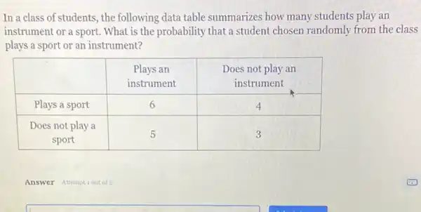 In a class of students, the following data table summarizes how many students play an instrument or a sport. What is the probability that a student chosen randomly from the cla plays a sport or an instrument?

 & }(c)
Plays an 
instrument
 & 
Does not play an 
instrument
 
 Plays a sport & 6 & 4 
 
Does not play a 
sport
 & 5 & 3