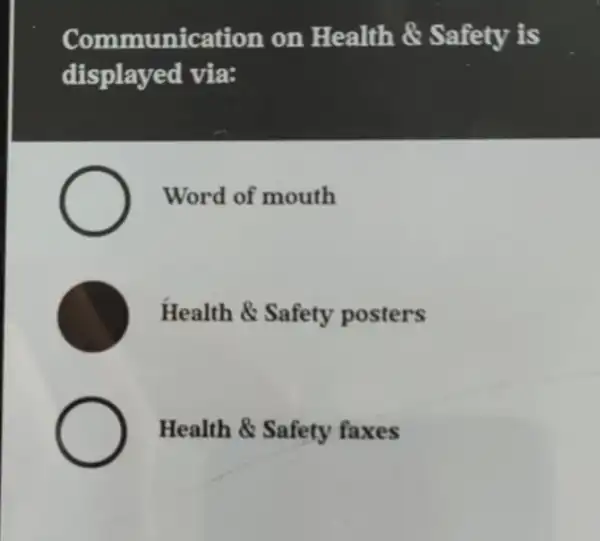 Communication on Health &Safety is
displayed via:
Word of mouth
Health & Safety posters
Health & Safety faxes