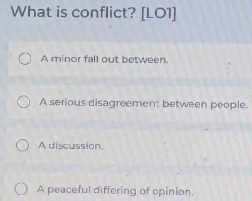 What is conflict? [LO]]
A minor fall out between.
A serious disagreemel nt between people.
A discussion.
A peaceful differing of opinion.