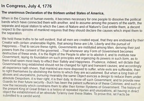 In Congress, July 4 , 1776
The unanimous Declaration of the thirteen united States of America,
When in the Course of human events, it becomes necessary for one people to dissolve the political
bands which have connected them with another, and to assume among the powers of the earth, the
separate and equal station to which the Laws of Nature and of Nature's God entitle them, a decent
respect to the opinions of mankind requires that they should declare the causes which impel them to
the separation.
We hold these truths to be self-evident that all men are created equal, that they are endowed by their
Creator with certain unalienable Rights, that among these are Life, Liberty and the pursuit of
Happiness.-That to secure these rights, Governments are instituted among Men, deriving their just
powers from the consent of the governed, -That whenever any Form of Government becomes
destructive of these ends , it is the Right of the People to alter or to abolish it and to institute new
Government, laying its foundation on such principles and organizing its powers in such form, as to
them shall seem most likely to effect their Safety and Happiness. Prudence, indeed will dictate that
Governments long established should not be changed for light and transient causes and accordingly
all experience hath shewn , that mankind are more disposed to suffer, while evils are sufferable, than
to right themselves by abolishing the forms to which they are accustomed. But when a long train of
abuses and usurpations, pursuing invariably the same Object evinces a design to reduce them under
absolute Despotism, it is their right, it is their duty, to throw off such Government, and to provide new
Guards for their future security.-Such has been the patient sufferance of these Colonies; and such is
now the necessity which constrains them to alter their former Systems of Government. The history of
the present King of Great Britain is a history of repeated injuries and usurpations , all having in direct
object the establishment of an absolute Tyranny over these States. To prove this, let Facts be
submitted to a candid world