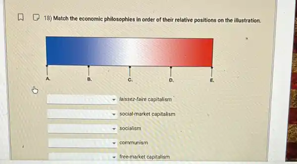 D 18) Match the economic philosophies in order of their relative positions on the illustration.
square 
B.	C.	D.	E.
laissez-faire capitalism
social-market capitalism
socialism
communism
square 
square 
square 
square 
square