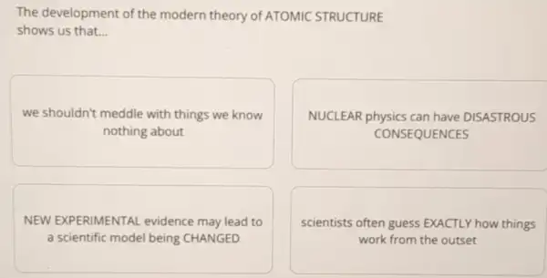 The development of the modern theory of ATOMIC STRUCTURE
shows us that __
we shouldn't meddle with things we know
nothing about
NUCLEAR physics can have DISASTROUS
CONSEQUENCES
NEW EXPERIMENTAL evidence may lead to
a scientific model being CHANGED
scientists often guess EXACTLY how things
work from the outset