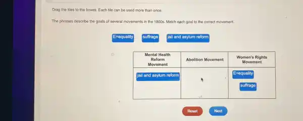 Drag the tiles to the boxes. Each tile can be used more than once.
The phrases describe the goals of several movements in the 1800 s. Match each goal to the correct movement.
E-equality
suffrage
jail and asylum reform

 }(c)
Mental Health 
Reform 
Movement
 & Abolition Movement & 
Women's Rights 
Movement
 
 jail and asylum reform & & E-equality 
& & suffrage