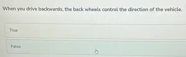 When you drive backwards, the back wheels control the direction of the vehicle.
True
False