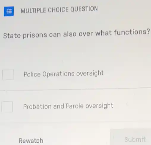 E MULTIPLE CHOICE QUESTION
State prisons can also over what functions?
disappointed Police Operations oversight
Probation and Parole oversight