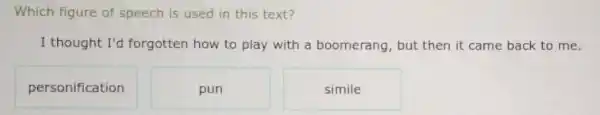 Which figure of speech is used in this text?
I thought I'd forgotten how to play with a boomerang, but then it came back to me.
personification
pun
simile