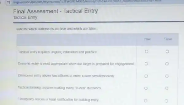 Final Assessment - Tactical Entry
Tactical Entry
Indicate which statements are true and which are false.