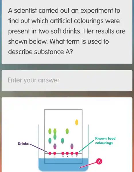 find out which artificial colourings s were
present in two soft drinks . Her results are
shown below . What term is used to
describe substance A?
Enter your answer