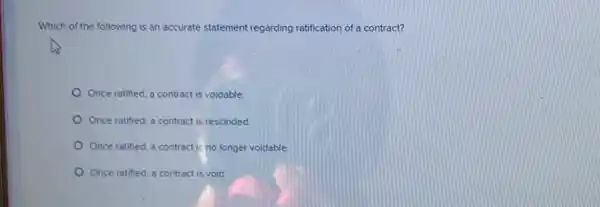 Which of the following is an accurate statement regarding ratification of a contract?
Once ratified, a contract is voidable.
Once ratified, a contract is rescinded.
Once ratified, a contract no longer voidable
Once ratified, a contract is void