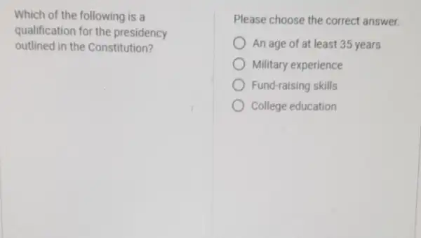 Which of the following is a
qualification for the presidency
outlined in the Constitution?
Please choose the correct answer.
An age of at least 35 years
Military experience
Fund-raising skills
College education