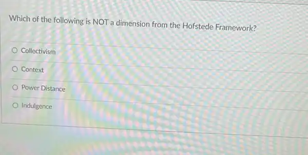 Which of the following is NOT a dimension from the Hofstede Framework?
Collectivism
Context
Power Distance
Indulgence