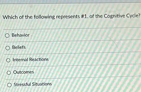 Which of the following represents #1. of the Cognitive Cycle?
Behavior
Beliefs
Internal Reactions
Outcomes
Stressful Situations