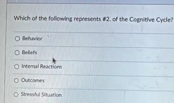 Which of the following represents #2. of the Cognitive Cycle?
Behavior
Beliefs
Internal Reactions
Outcomes
Stressful Situation