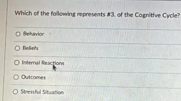 Which of the following represents #3. of the Cognitive Cycle?
Behavior
Beliefs
Internal Reactions
Outcomes
Stressful Situation