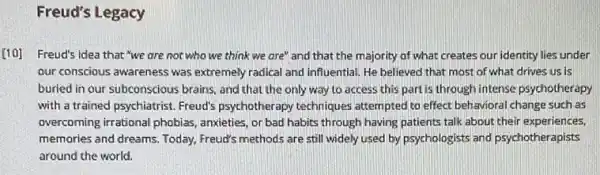 Freud's Legacy
[10] Freud's idea that we are not who we think we are'and that the majority of what creates our identity lies under
our conscious awareness was extremely radical and influential He believed that most of what drives us is
buried in our subconscious brains, and that the only way to access this part is through intense psychotherapy
with a trained psychiatrist . Freud's psychotherapy techniques attempted to effect beh avioral change such as
overcoming irrational phobias anxieties, or bad habits through having patients talk about their experiences,
memories and dreams. Today Freud's methods are still widely used by psychologists and psychotherapists
around the world.