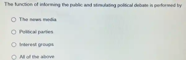 The function of informing the public and stimulating political debate is performed by
The news media
Political parties
Interest groups
All of the above