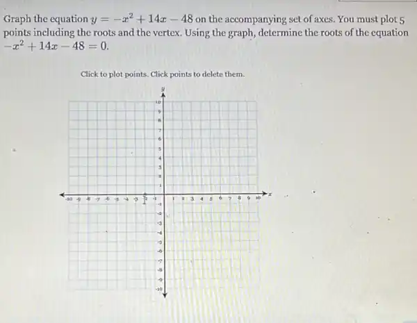 Graph the equation y=-x^2+14x-48 on the accompanying set of axes . You must plot 5
points including the roots and the vertex. Using the graph, determine the roots of the equation
-x^2+14x-48=0
Click to plot points.Click points to delete them.