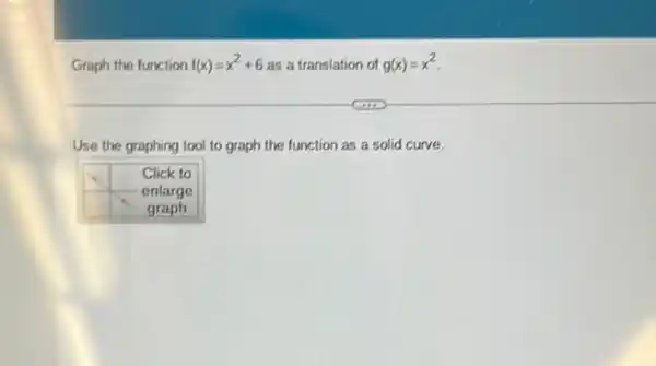 Graph the function f(x)=x^2+6 as a translation of g(x)=x^2
Use the graphing tool to graph the function as a solid curve.
Click to
enlarge
graph