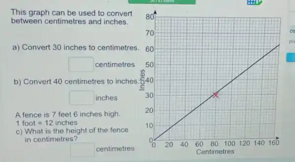 This graph can be used to convert
80
between centimetres and inches.
70
a) Convert 30 inches to centimetres. 60
square  centimetres 50
b) Convert 40 centimetres to inches: 540
square  inches	30
A fence is 7 feet 6 inches high.
20
1foot=12inches
c) What is the height of the fence
10
in centimetres?	0
square  centimetres
o