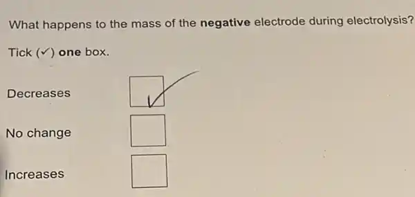 What happens to the mass of the negative electrode during electrolysis?
Tick (surd ) one box.
Decreases
No change
square 
Increases
square