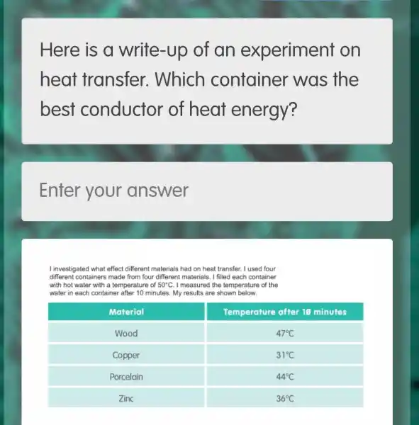 heat transfer . Which container was the
best conductor of heat energy?
Enter your answer
I investigated what effect different materials had on heat transfer. I used four
different containers made from four different materials . I filled each container
with hot water with a temperature of 50^circ C I measured the temperature of the
water in each container after 10 minutes. My results are shown below.