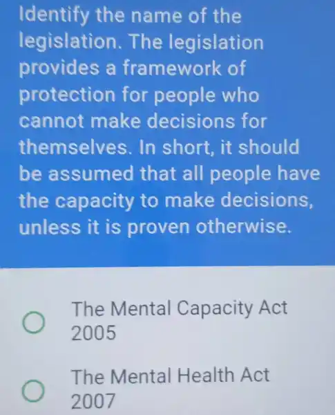 Identify the name of the
legisl a islation
provid es a fram ework of
prote ction for peo ple who
cannot make de cisions for
them selves.In sho rt, it should
be as sumed th at all pe ople have
the ca pacity to make de cisions,
unless it is proven otherwise.
The Mental C apacity Act
2005
The Mental Health Act
2007