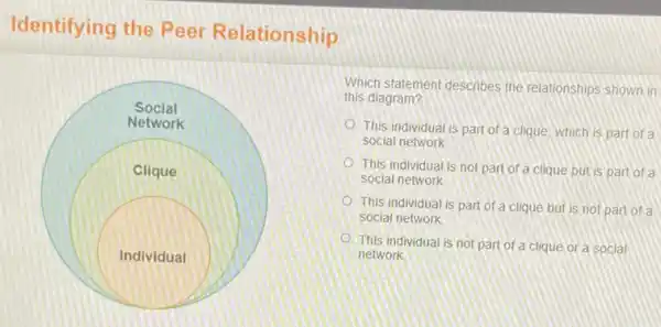 Identifying the Peer Relationship
Which statement describes the relationships shown in
this diagram?
This individual is part of clique, which is part of a
social network
This individual is not part of a clique but is part of a
social network
This individual is part of a clique but is not part of a
social network.
This individual is not part of a clique or a social
network