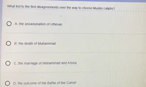 What led to the first disagreements over the way to choose Muslim caliphs?
A. the assassination of Uthman
B. the death of Muhammad
C. the marriage of Muhammad and A'isha
D. the outcome of the Battle of the Camel