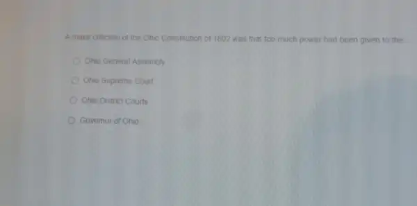 A major criticism of the Ohio Constitution of 1802 was that too much power had been given to the __
Ohio General Assembly
Ohio Supreme Court
Ohio District Courts
Governor of Ohio