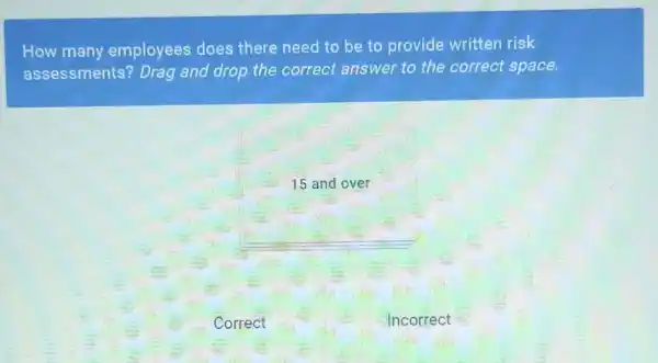 How many employees does there need to be to provide written risk
assessments? Drag and drop the correct answer to the correct space.
15 and over
Correct
Incorrect