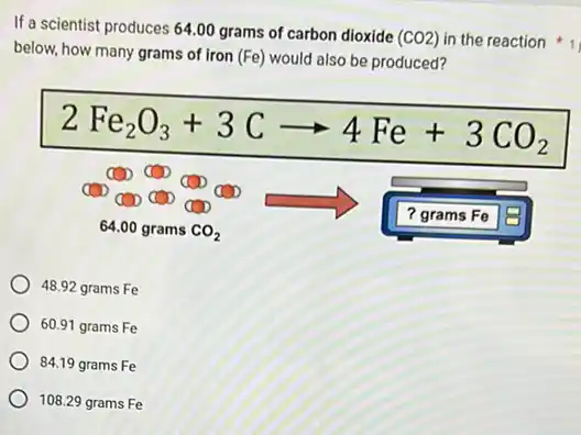 below, how many grams of iron (Fe) would also be produced?
48.92 grams Fe
60.91 grams Fe
84.19 grams Fe
108.29 grams Fe
If a scientist produces 64.00 grams of carbon dioxide (CO2) in the reaction