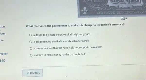 What motivated the government to make this change to the nation's currency?
a desire to be more inclusive of all religious groups
a desire to stop the decline of church attendance
a desire to show that the nation did not support communism
a desire to make money harder to counterfeit