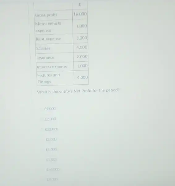 & multicolumn(1)(|c|)( E ) 
 Gross profit & 16,000 
 
Motor vehicle 
expense
 & 1,000 
 Rent expense & 3,000 
 Salaries & 4,000 
 Insurance & 2,000 
 Interest expense & 1,000 
 Fixtures and & 4,000 
 Fittings & 


What is the entity's Net Profit for the period?
E9,000
E2,000
E12,000
E5,000
E6,000
E1,000