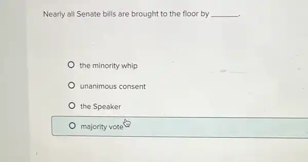 Nearly all Senate bills are brought to the floor by __
the minority whip
unanimous consent
the Speaker
majority vote