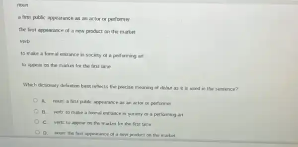 noun
a first public appearance as an actor or performer
the first appearance of a new product on the market
verb
to make a formal entrance in society or a performing art
to appear on the market for the first time
Which dictionary definition best reflects the precise meaning of debut as it is used in the sentence?
A. noun: a first public appearance as an actor or performer
B. verb: to make a formal entrance in society or a performing art
C. verb: to appear on the market for the first time
D. noun: the first appearance of a new product on the market
