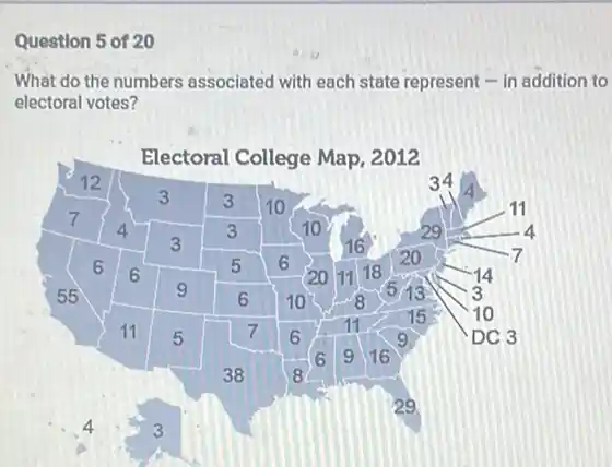 What do the numbers associated with each state represent - in addition t electoral votes?
Electoral College Map, 2012