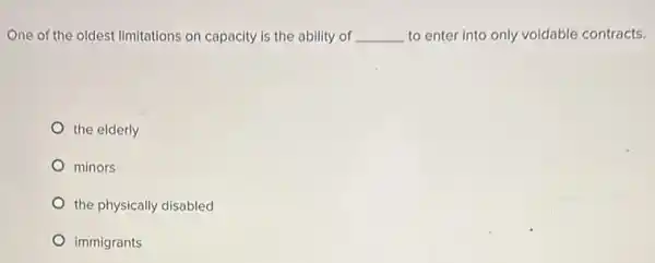 One of the oldest limitations on capacity is the ability of __ to enter into only voldable contracts.
the elderly
minors
the physically disabled
immigrants