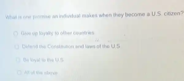 What is one promise an individual makes when they become a U.S. citizen?
Give up loyalty to other countries
Defend the Constitution and laws of the U.S
Be loyal to the U.S
All of the above