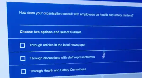 How does your organisation consult with employees on health and safety matters?
Choose two options and select Submit.
Through articles in the local newspaper
Through discussions with staff representatives
Through Health and Safety Committees