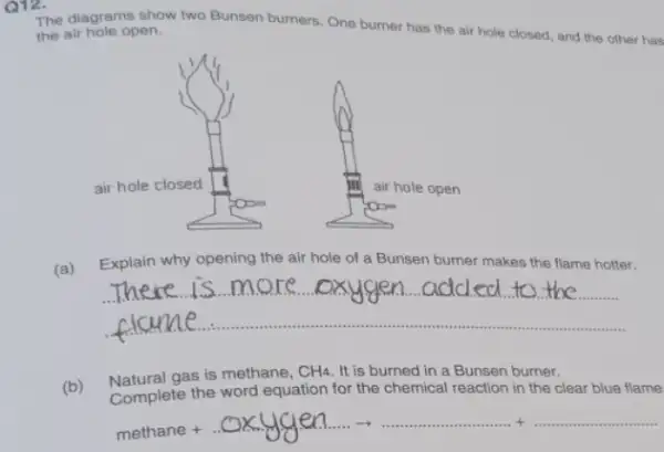 Q12.
The diagrams show two Bunsen burners. One burner has the air hole closed, and the other has the air hole open.
(a) Explain why opening the air hole of a Bunsen burner makes the flame hotter. There is more oxygen...added to the flcune.
(b) Natural gas is methane, mathrm(CH) 4 . It is burned in a Bunsen burner. Complete the word equation for the chemical reaction in the clear blue flame methane + oxygen...... arrow